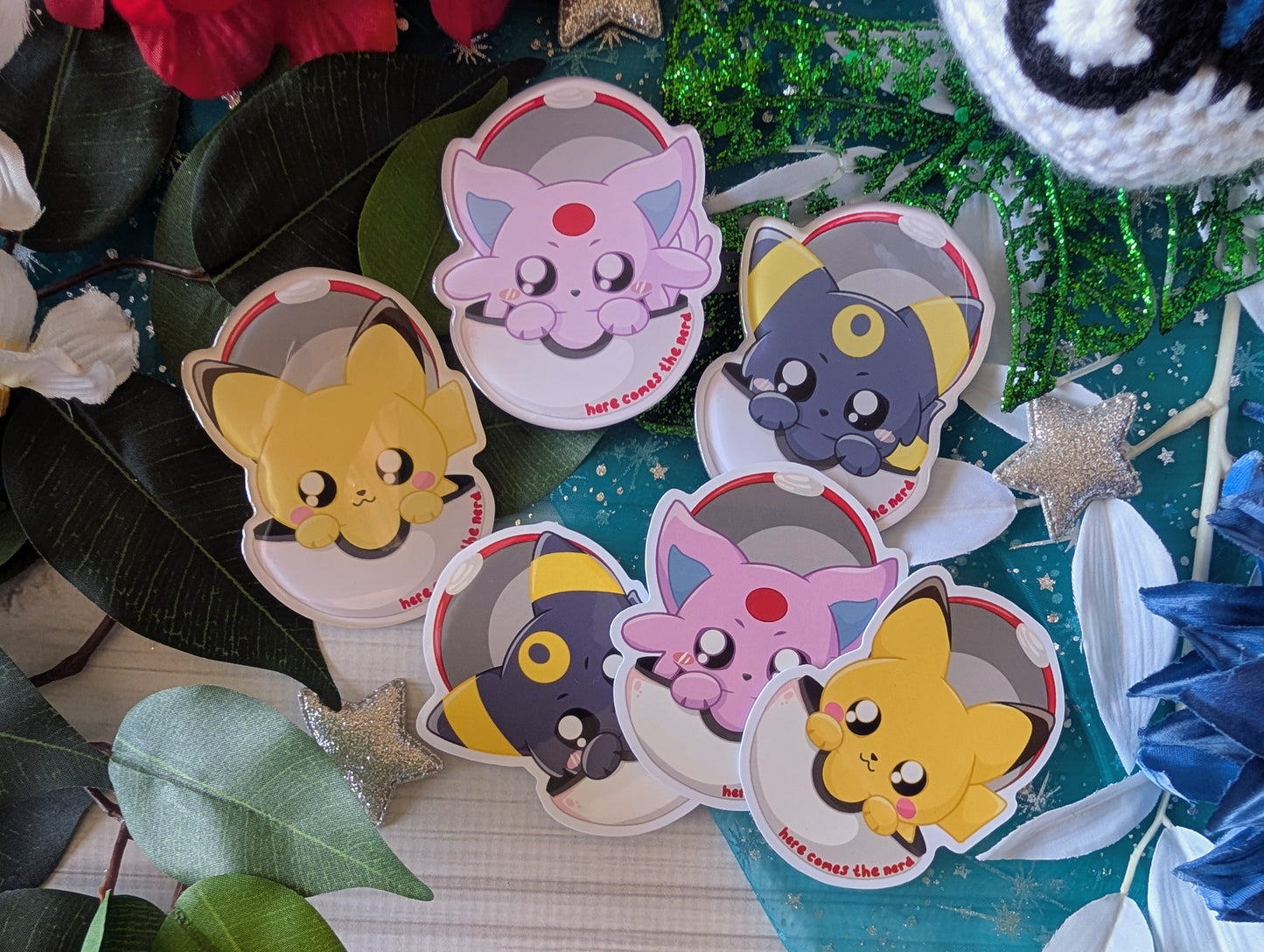 *MEGA SET* Pocket Monsters - (6) Enamel Pins, (3) Acrylic Magnets, & (9) Vinyl Stickers
