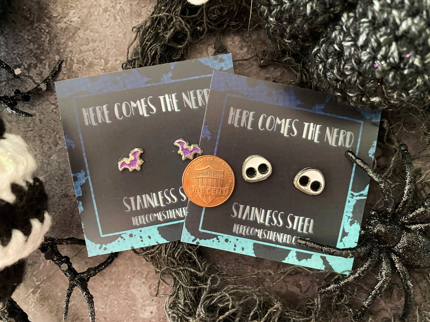 Haunted Bats (Purple) - Stud Earrings (For Sensitive Ears)