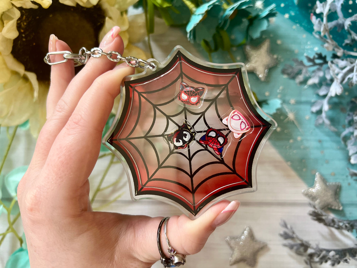 Spider Kittens, Web - Acrylic Shaker Keychain including 4 Charms