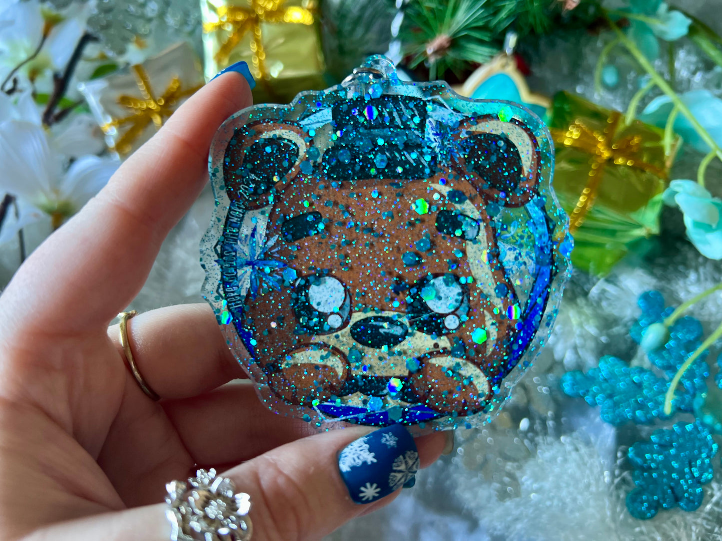 Pizza Bear - PVC Ornament with Blue Glitter Acrylic