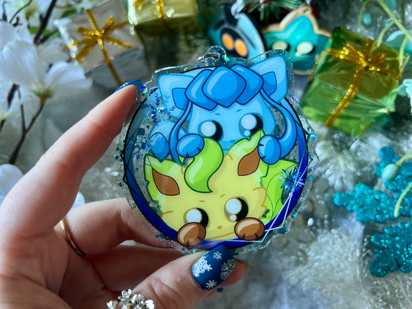 Leaf & Ice Floofs - PVC Ornament with Blue Glitter Acrylic