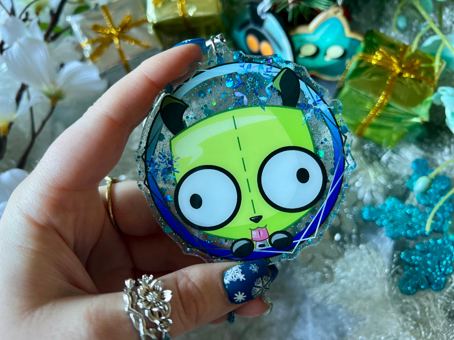 Totally-Not-A-Robot - PVC Ornament with Blue Glitter Acrylic