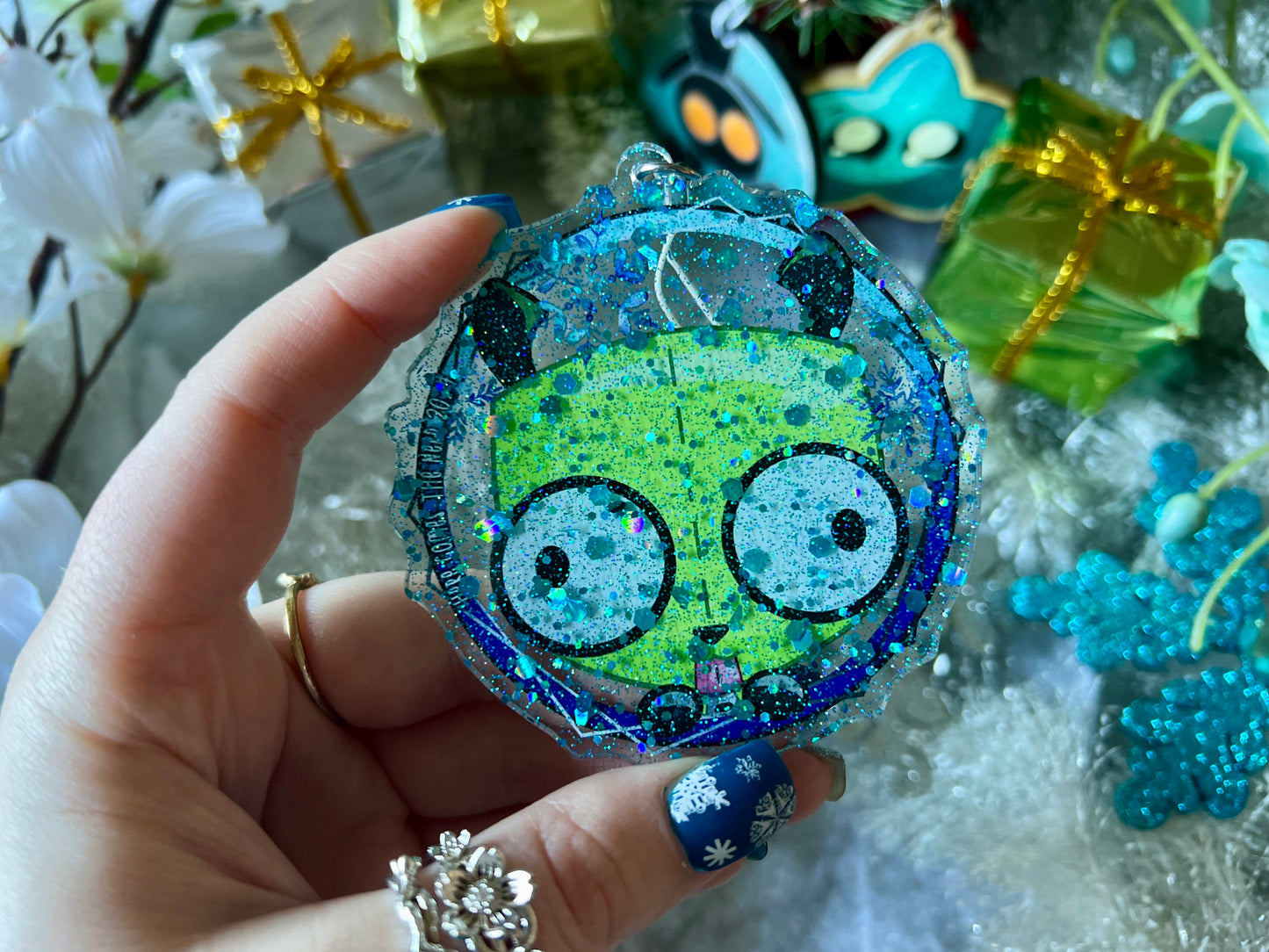 Totally-Not-A-Robot - PVC Ornament with Blue Glitter Acrylic