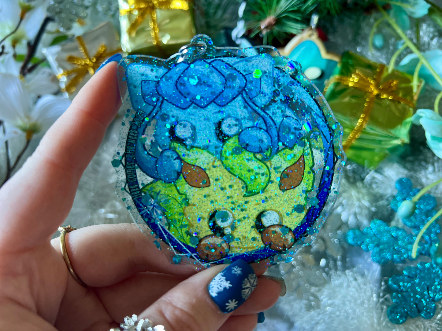 Leaf & Ice Floofs - PVC Ornament with Blue Glitter Acrylic