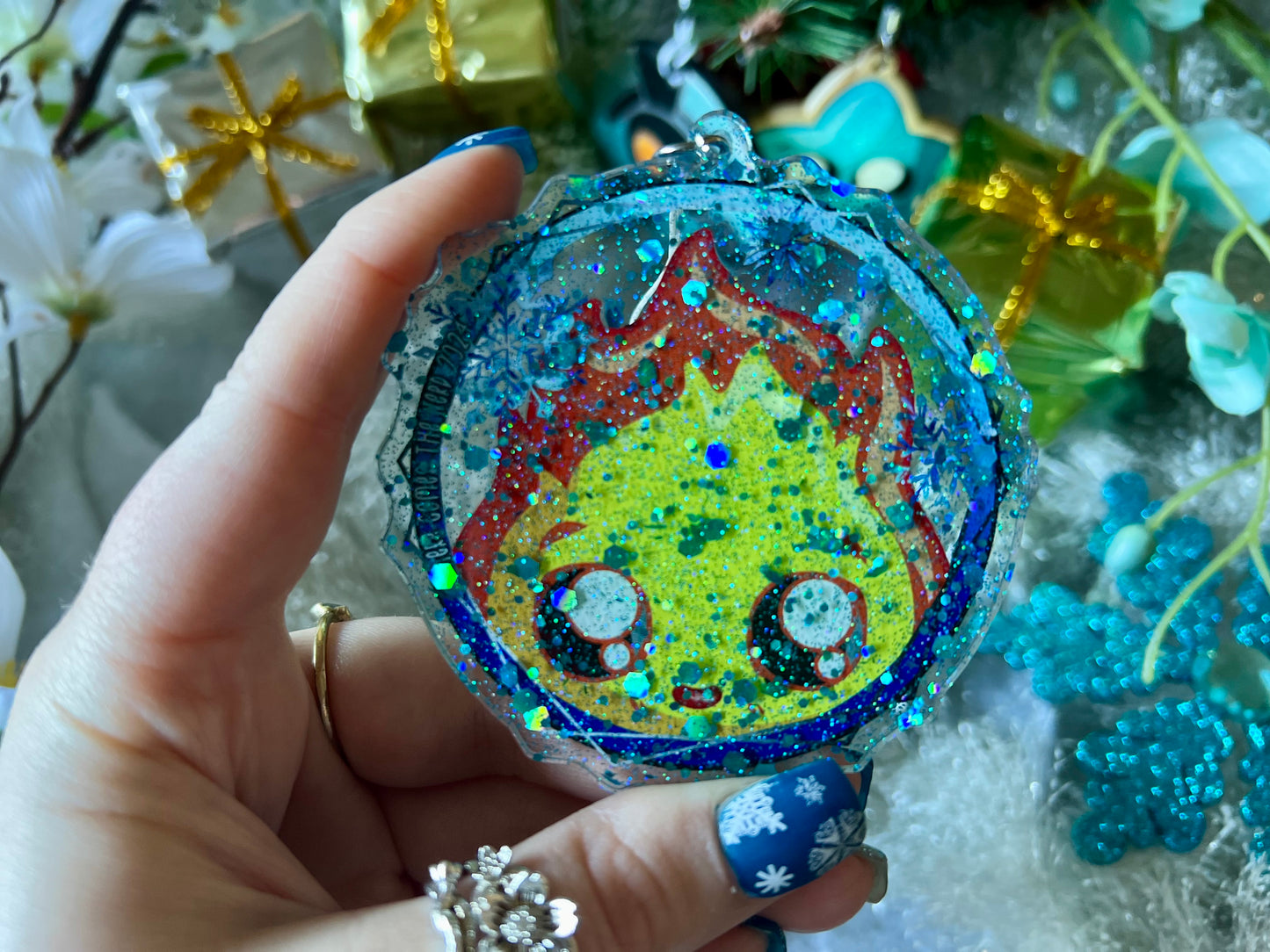 Demon Flame - PVC Ornament with Blue Glitter Acrylic