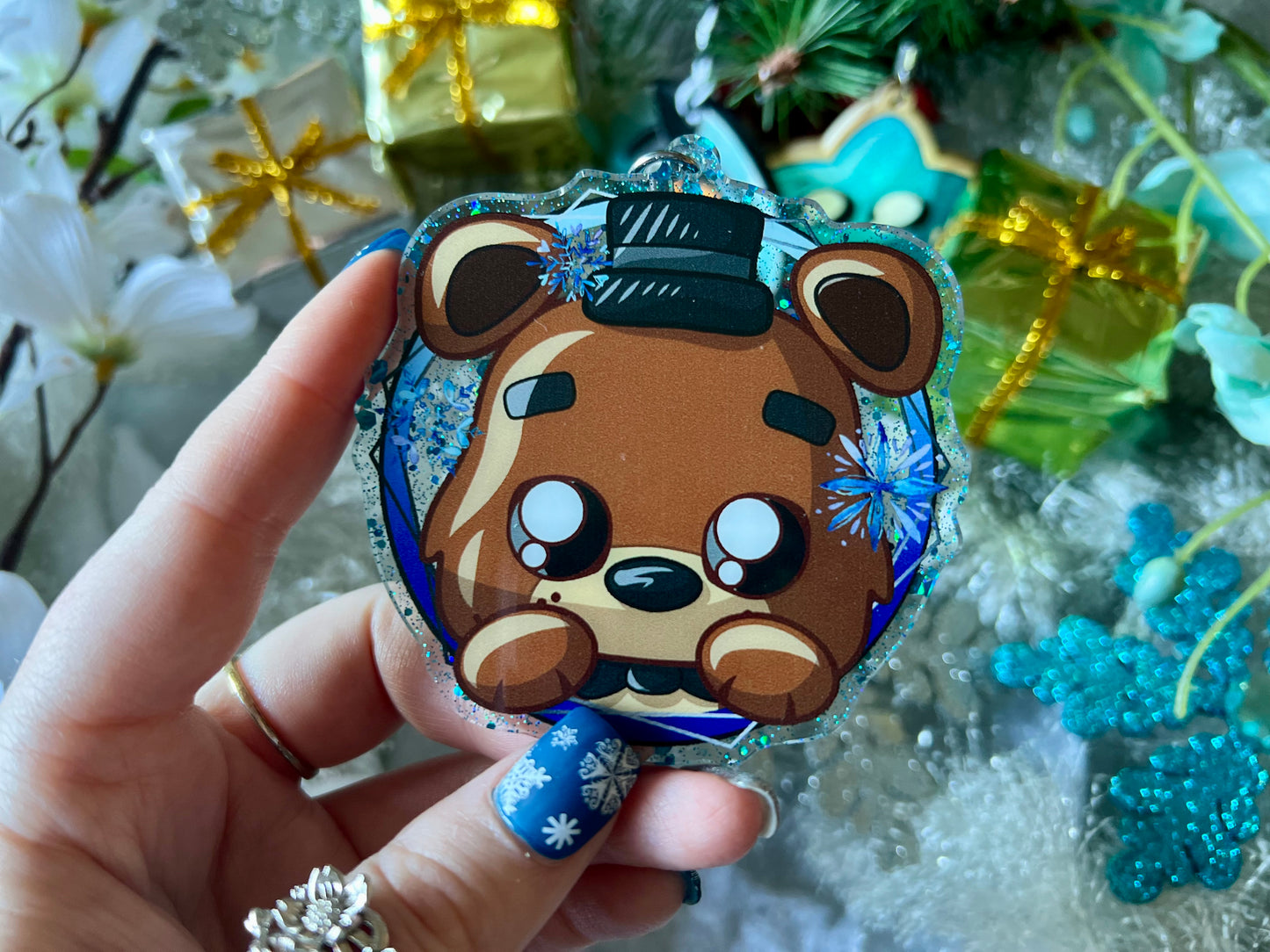 Pizza Bear - PVC Ornament with Blue Glitter Acrylic