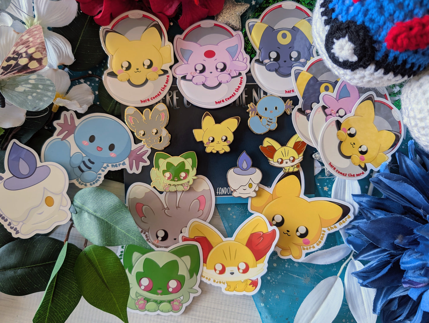 *MEGA SET* Pocket Monsters - (6) Enamel Pins, (3) Acrylic Magnets, & (9) Vinyl Stickers
