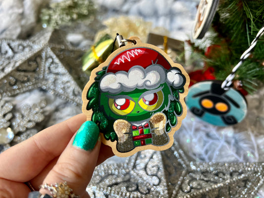 Green Santa - Wood Ornament with Hand Painted Embellishments